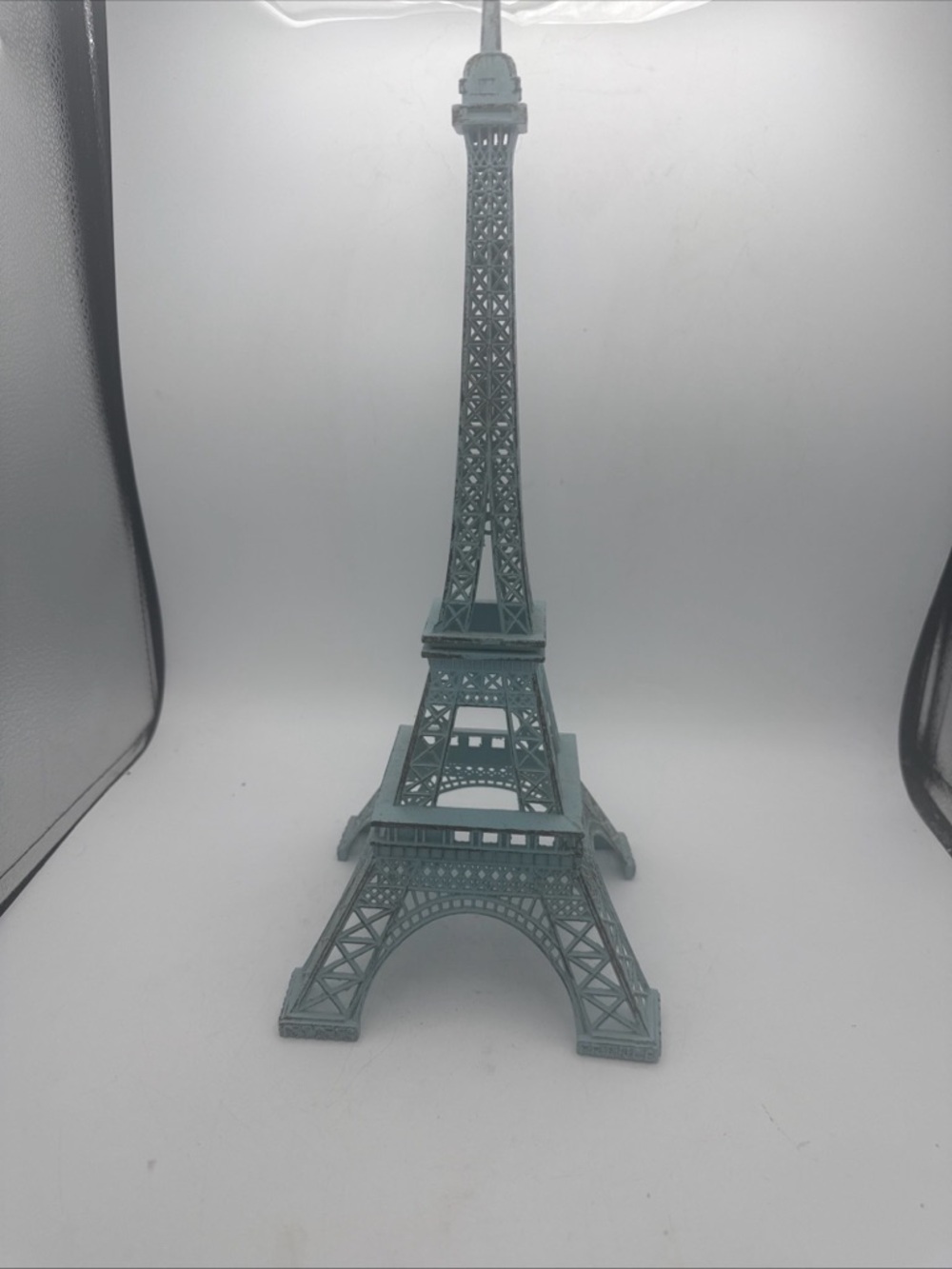 Eiffel Tower Statue Paris France shelf Desk Decor painted Metal Light Blue 15”